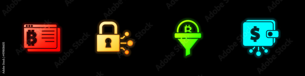 Set Bitcoin in browser, Lock with bitcoin, Sales funnel and Cryptocurrency wallet icon. Vector. Set Bitcoin in browser, Lock with bitcoin, Sales funnel and Cryptocurrency wallet icon. Vector.