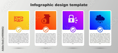 Set Video graphic card, Bitcoin, Lock with bitcoin and Cryptocurrency cloud mining. Business infographic template. Vector.
