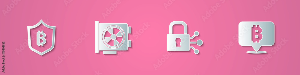 Set paper cut Shield with bitcoin, Video graphic card, Lock and Bitcoin icon. Paper art style. Vector. Set paper cut Shield with bitcoin, Video graphic card, Lock and Bitcoin icon. Paper art style. Vector.