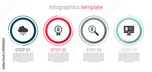 Set Cryptocurrency cloud mining, Bitcoin, Magnifying glass with and Mining bitcoin from monitor. Business infographic template. Vector.