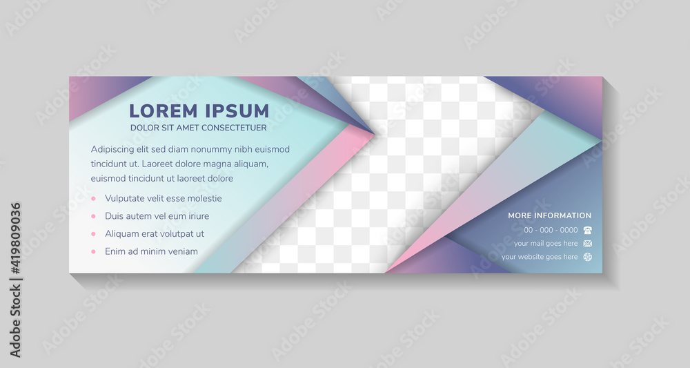 Abstract horizonal banner design template use paper cut style with arrow shape for photo space. Combination pink, blue, purple, violet gradient blurred colors on elements. Empty romantic background.