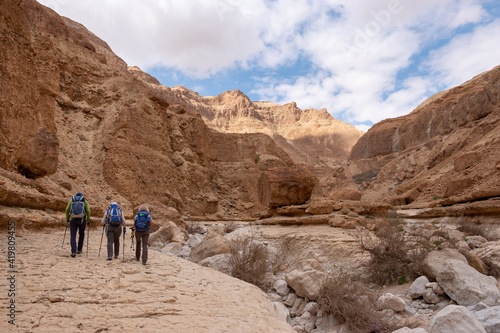Landscape of a white stone bed of dry wadi Hever, the nature reserve in Judaean Desert. Hikers on a trail inside a canyon. High walls of a narrow canyon, rock formations and boulders.
