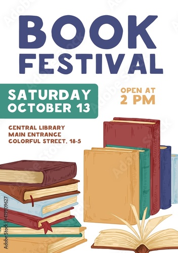 Design of vertical poster with announcement about book-reading festival and education event. Colored hand-drawn vector illustration of advertisement template with pile of textbooks