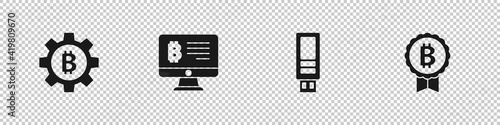 Set Cryptocurrency coin Bitcoin, Mining bitcoin from monitor, USB flash drive and icon. Vector.
