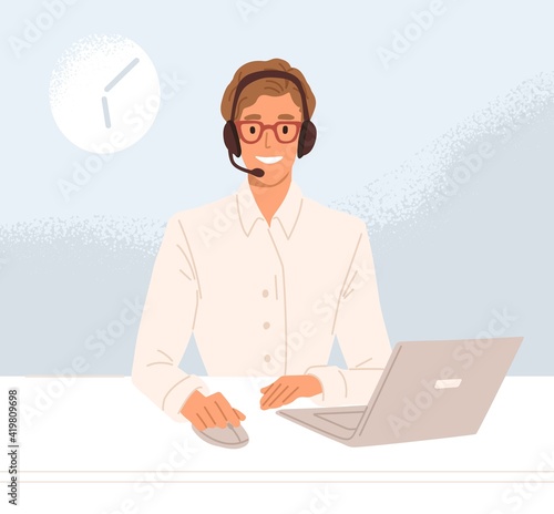 Operator of call center in headset working at workplace and consulting customers online. Smiling worker of hotline service. Colored flat vector illustration of agent in technical support department