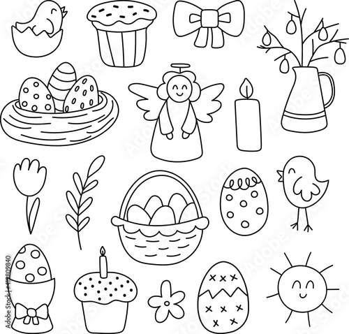 Easter doodle set, linear vector illustration. hand drawn style symbols and objects eggs, cake, candle, chicken, spring. simple, black drawing for sticker, decor, postcard, icon, coloring page, logo, 
