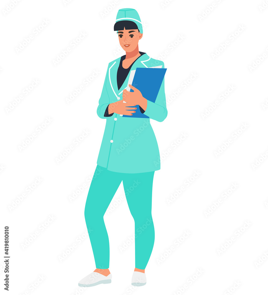 Medical character. Woman doctor or nurse on an isolated white background. Flat vector illustration
