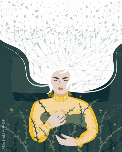 Restless sleep concept. Woman awake in stress. Sleeping discomfort, insomnia, nightmare and bad night at girl. Flat vector illustration