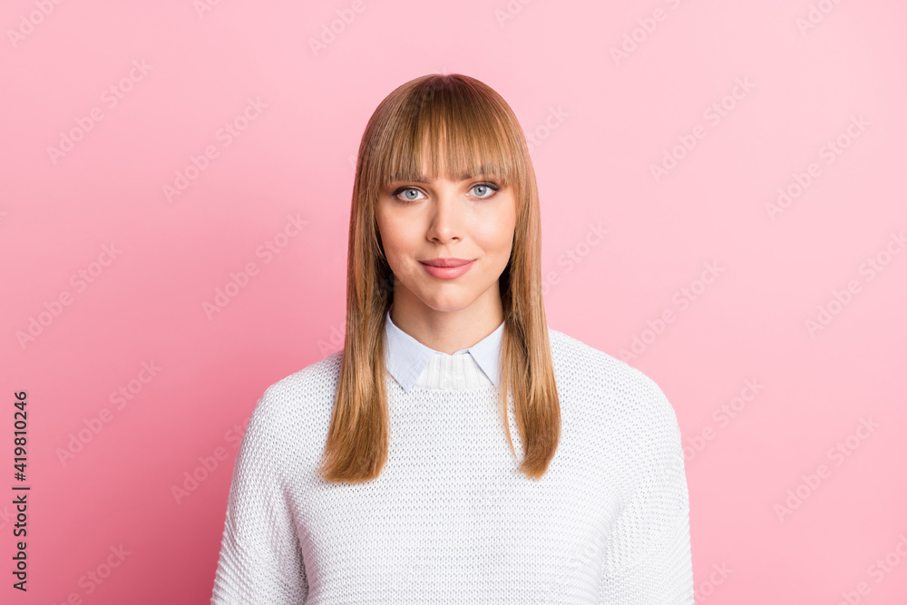 Fototapeta premium Portrait of young happy positive charming cheerful lovely woman wear white sweater isolated on pink color background