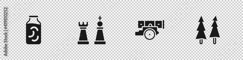 Set Pickled cucumbers in a jar, Chess, Cannon and Christmas tree icon. Vector.