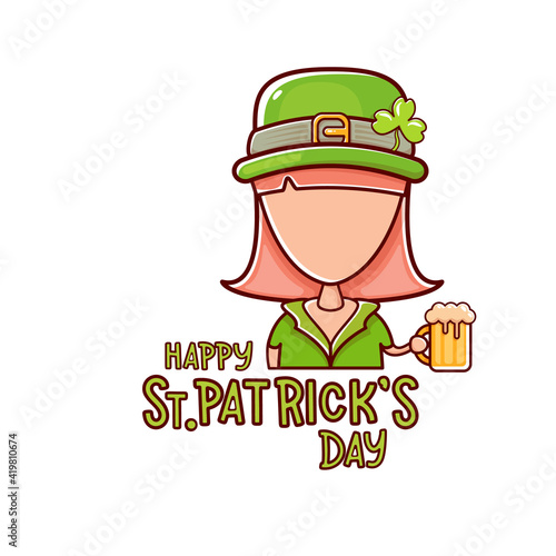 PrintSaint Patrick girl holding beer isolated on white background. Happy st patricks day banner or poster with redhead woman and calligraphic greeting text. Cartoon st Patrick girl line art icon