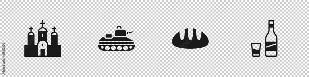 Set Church building, Military tank, Bread loaf and Bottle of vodka with glass icon. Vector.