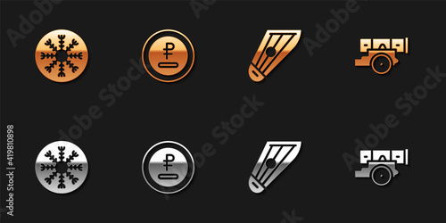 Set Snowflake, Rouble, ruble currency, Kankles and Cannon icon. Vector.