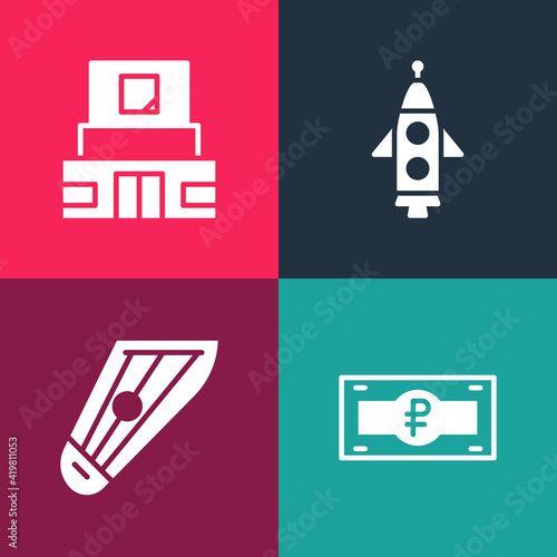 Set pop art Russian ruble banknote, Kankles, Rocket ship and Mausoleum of Lenin icon. Vector.