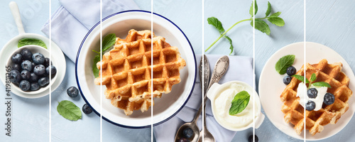 Collage of traditional belgian waffles with fresh blueberries for breakfast