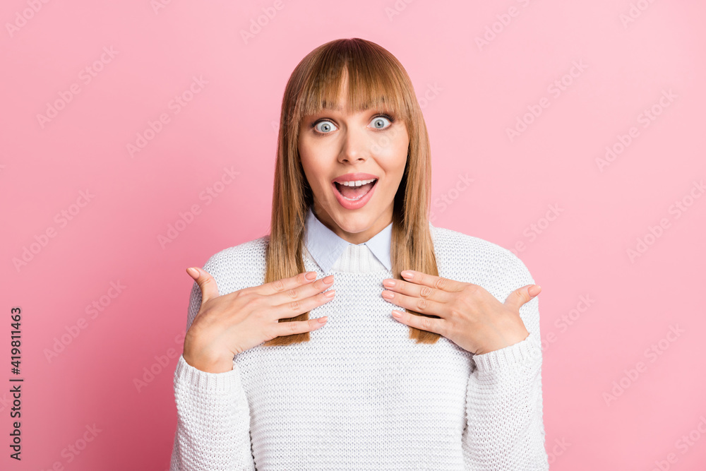Portrait of young happy cheerful amazed, surprised amazed woman winning lottery isolated on pink color background Portrait of young happy cheerful amazed, surprised amazed woman winning lottery isolated on pink color background