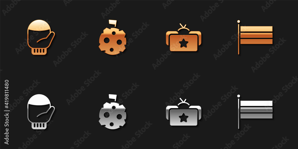 Set Christmas mitten, Moon with flag, Ushanka and National Russia icon. Vector. Set Christmas mitten, Moon with flag, Ushanka and National Russia icon. Vector.