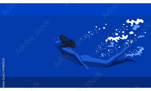 vector illustration Aerial view of a woman in a bikini diving in a swimming pool. side view of woman diving by the pool.