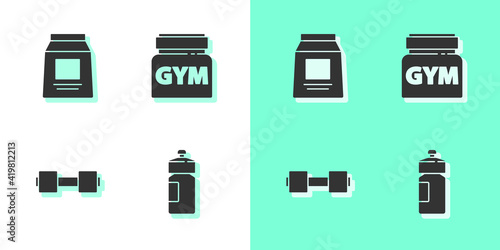 Set Fitness shaker, Sports nutrition, Dumbbell and icon. Vector.