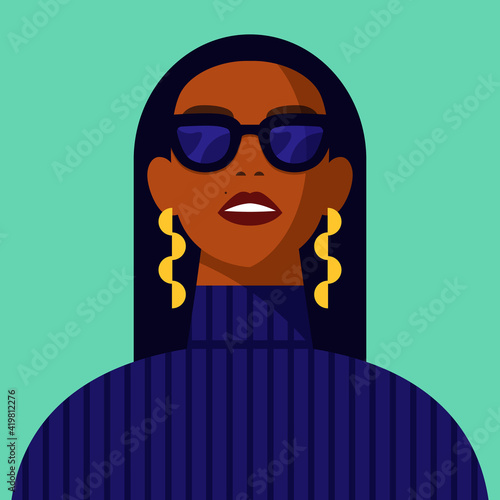 Young African American woman with black hair wearing glasses, potrait Black strong girl vector