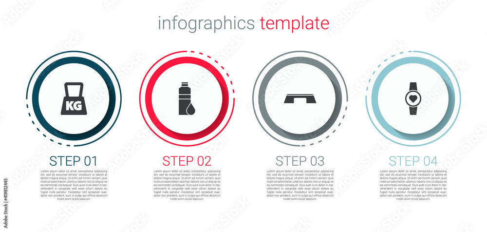 Set Weight, Fitness shaker, Step platform and Smartwatch. Business infographic template. Vector. - obrazy, fototapety, plakaty 