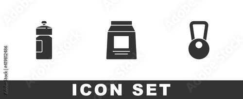 Set Fitness shaker, Sports nutrition and Kettlebell icon. Vector.