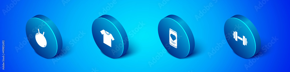 Set Isometric Kettlebell, Mobile with heart rate, Dumbbell and T-shirt icon. Vector. Set Isometric Kettlebell, Mobile with heart rate, Dumbbell and T-shirt icon. Vector.