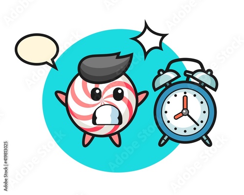 Cartoon illustration of candy is surprised with a giant alarm clock