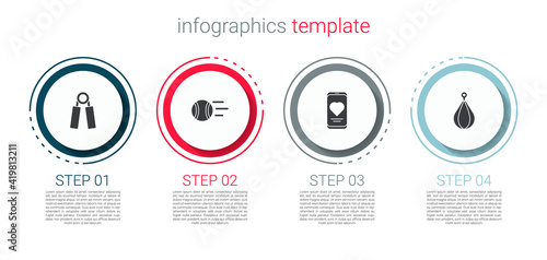 Set Sport expander, Tennis ball, Mobile with heart rate and Punching bag. Business infographic template. Vector.