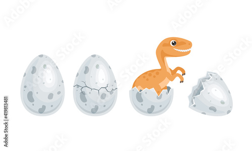 Newborn dinosaur hatched from an egg. Cute funny baby velociraptor isolated on white. Vector flat cartoon illustration.