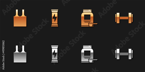 Set Sleeveless T-shirt, Sports nutrition, and Dumbbell icon. Vector.