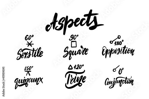Astrology aspects - natal birth chart symbols. Black ink handwriting. 