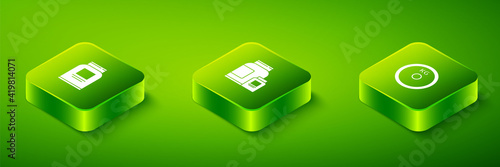 Set Isometric Sports nutrition, Weight plate and icon. Vector.