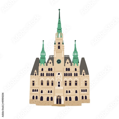 Facade of Liberec Town Hall. Old Czech building with towers and spire. Colored flat vector illustration of ancient European architecture isolated on white background