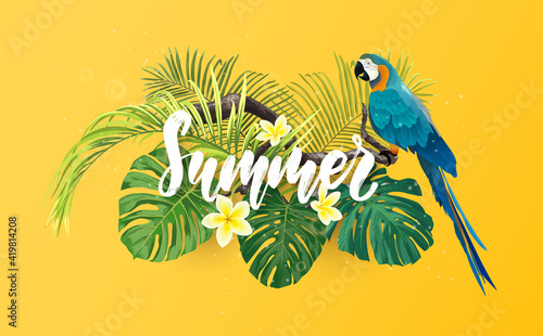 Tropical summer design with monstera palm leaves and perrot