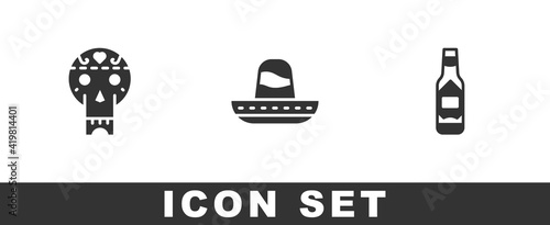 Set Mexican skull, sombrero and Tabasco sauce icon. Vector.