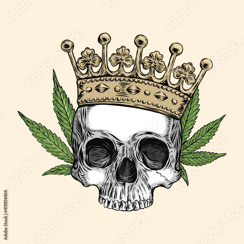 skull of human with crown and cannabis, hand drawing, vector illustration, Black and White