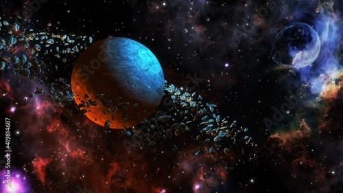 4K CGI animation belt of asteroids orbiting around an alien planet floating in space 4K