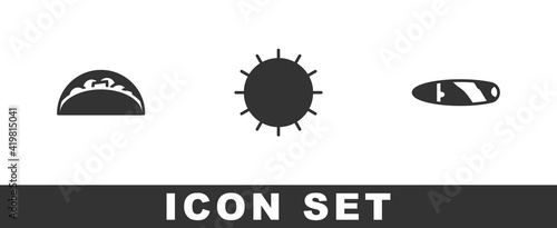 Set Taco with tortilla, Sun and Cigar icon. Vector.