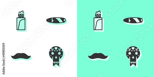 Set Mexican skull, Burrito, Mustache and Cigar icon. Vector.