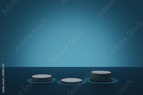 Dark 3d modeling scene with illuminating cylindric podiums on a blue background. Empty geometric shapes for cosmetic product presentation. Blank showcase mockup with simple 3d elements