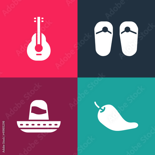 Set pop art Hot chili pepper pod, Mexican sombrero, Flip flops and guitar icon. Vector.