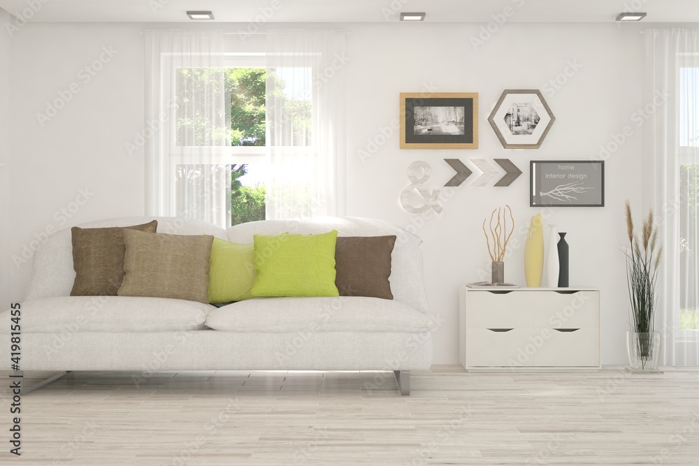 Fototapeta premium White living room with sofa. Scandinavian interior design. 3D illustration