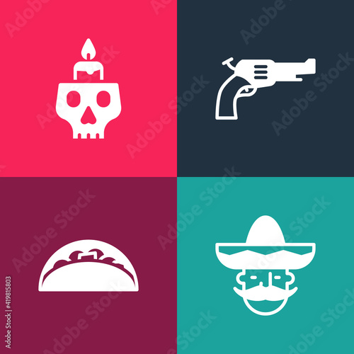 Set pop art Mexican man sombrero, Taco with tortilla, Revolver gun and Burning candle on skull icon. Vector.