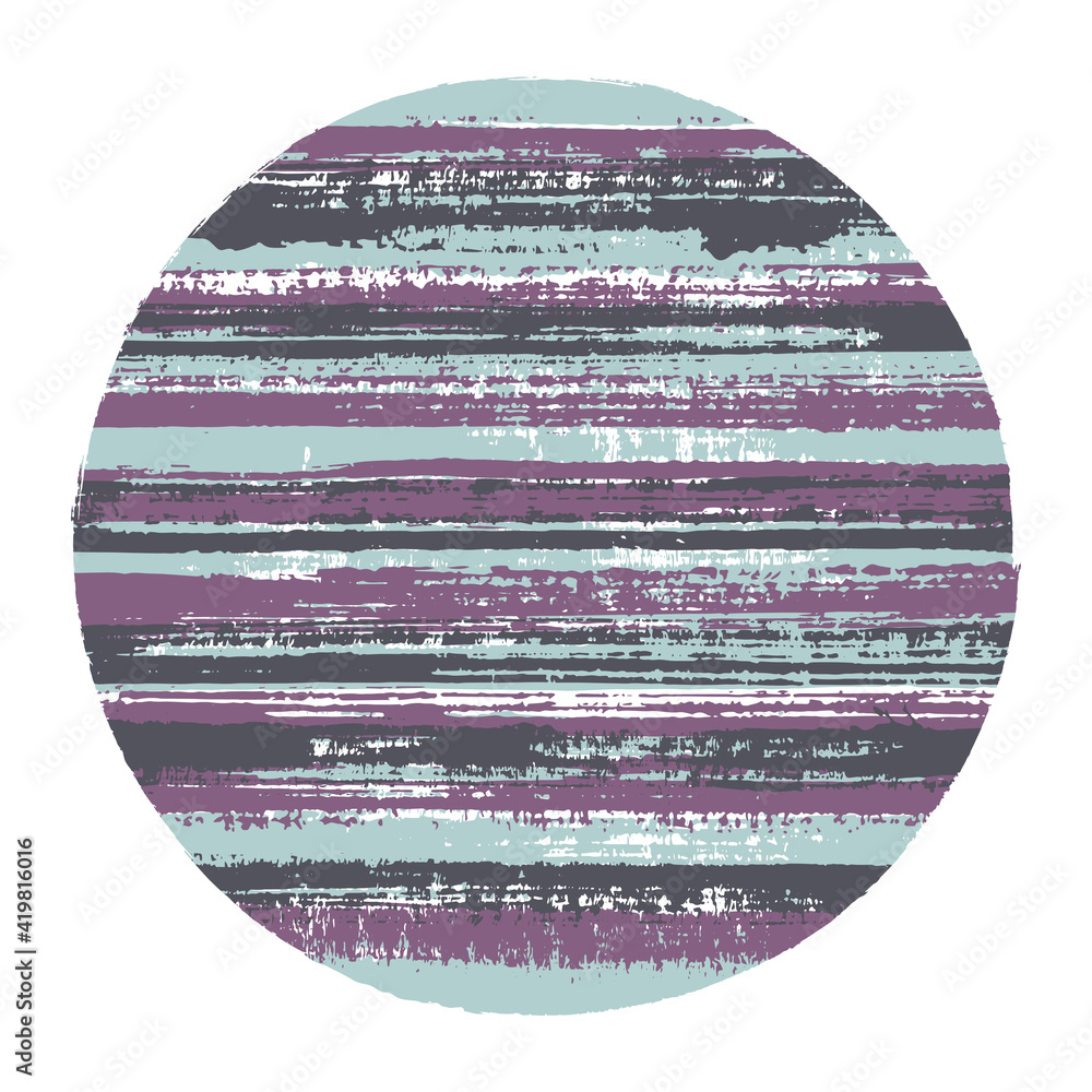 Vintage circle vector geometric shape with striped texture of ink horizontal lines. Old paint texture disk. Stamp round shape logotype circle with grunge background of stripes.