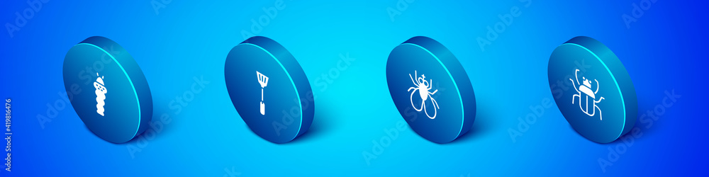 Set Isometric Larva insect, Insect fly, Stink bug and Fly swatter icon. Vector. Set Isometric Larva insect, Insect fly, Stink bug and Fly swatter icon. Vector.