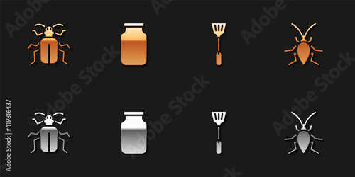 Set Chafer beetle, Glass jar, Fly swatter and Cockroach icon. Vector.