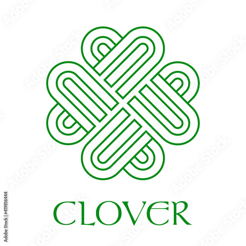Logotipo abstracto con texto CLOVER con corazones con forma de trébol lineal entrelazado de 4 hojas en color verde	