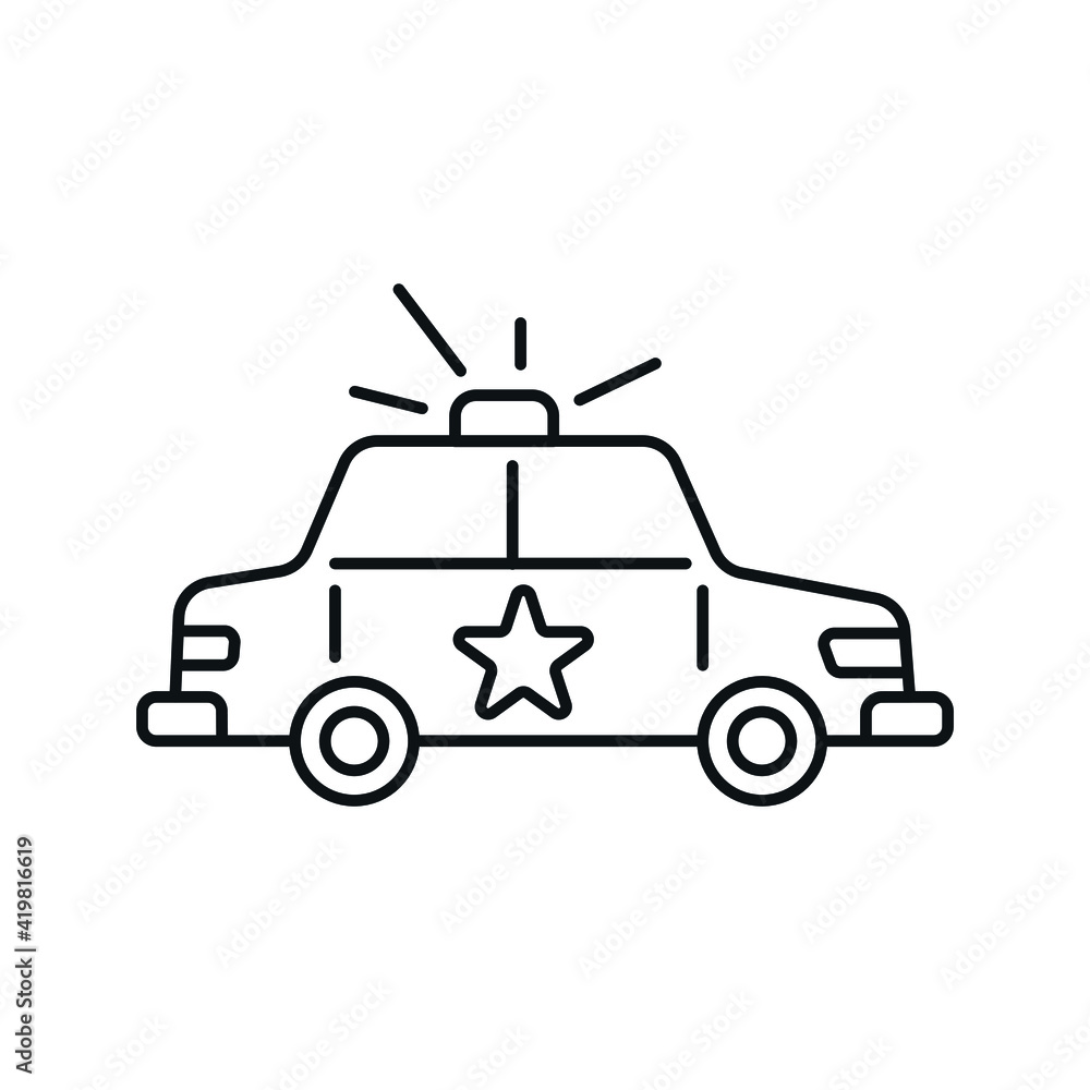 Police car linear icon. Law enforcement. Transport, protection equipment. Thin line contour symbols. Isolated vector outline illustrations. Editable stroke