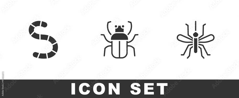 Set Worm, Stink bug and Mosquito icon. Vector. Set Worm, Stink bug and Mosquito icon. Vector.